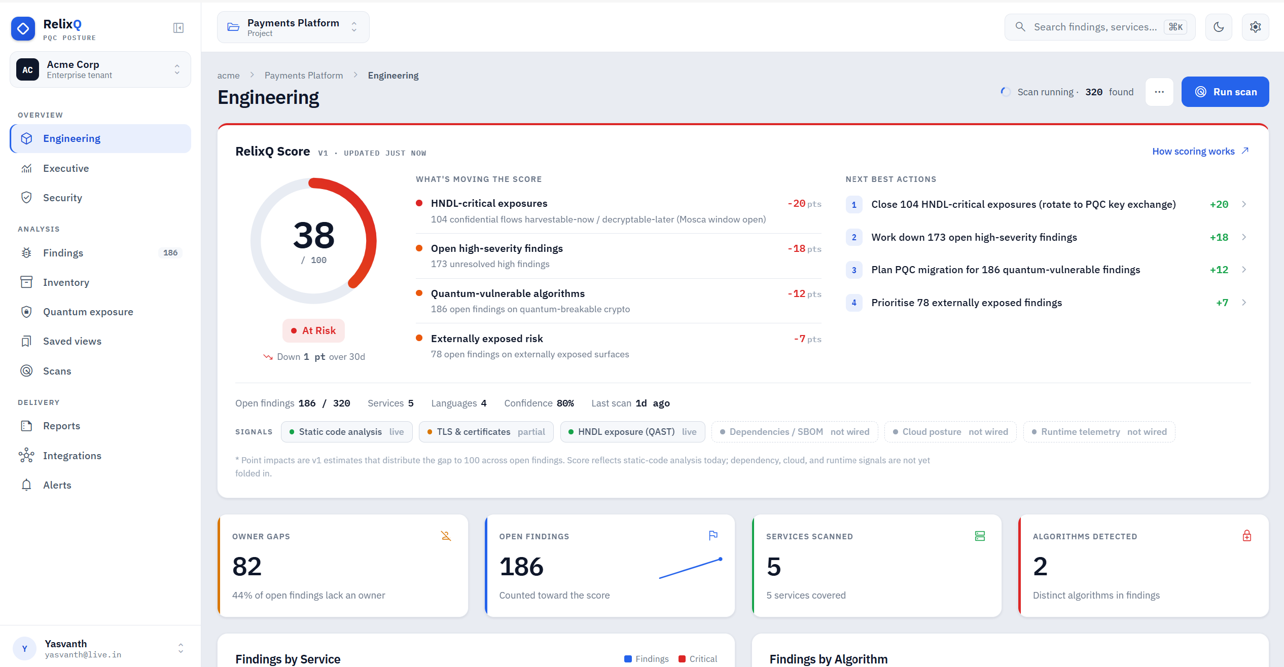RelixQ Enterprise engineering dashboard showing RelixQ Score, HNDL-critical exposures, next actions, and scan signals.