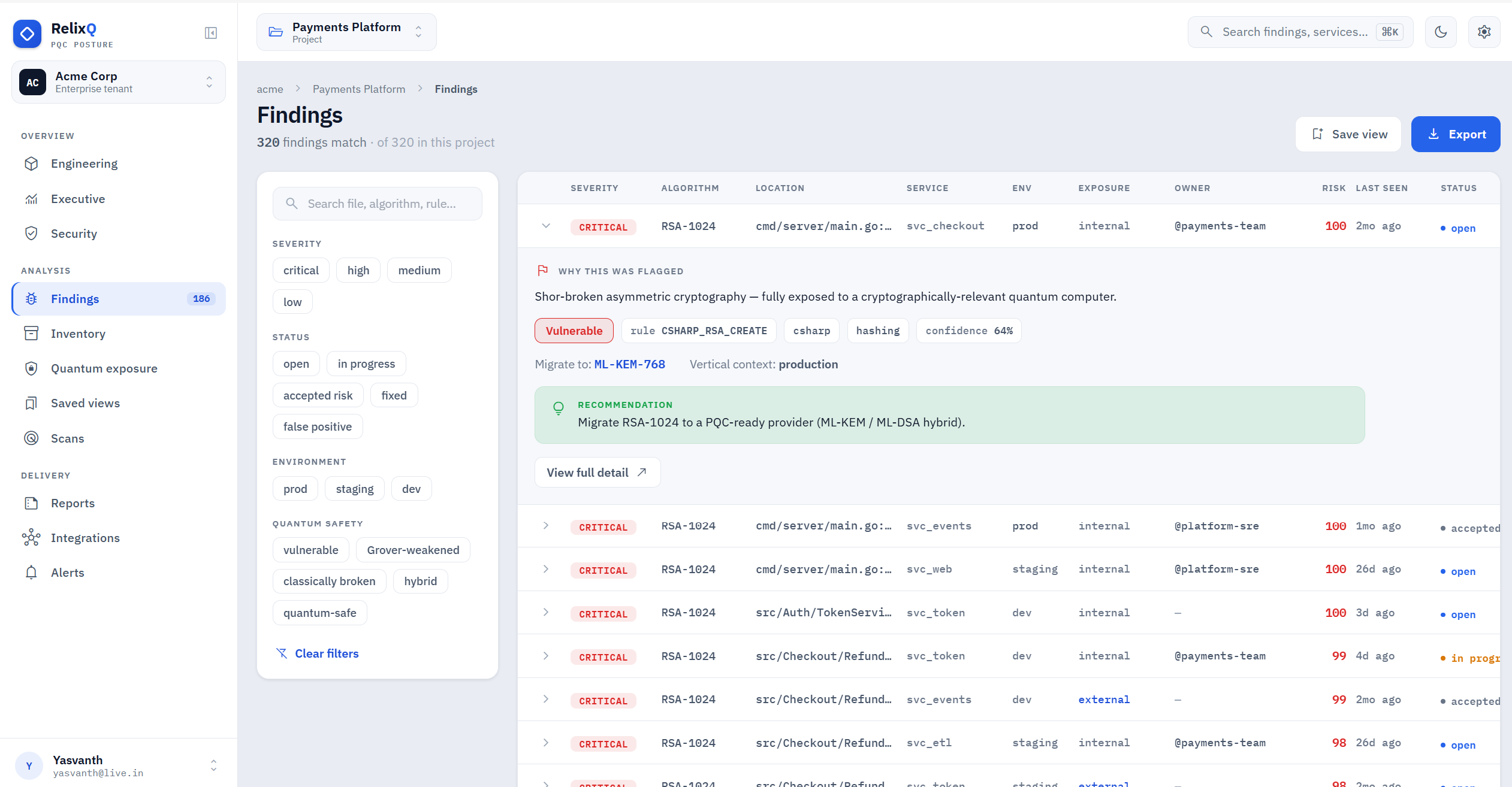 RelixQ Enterprise findings page with filters and expanded RSA finding detail.