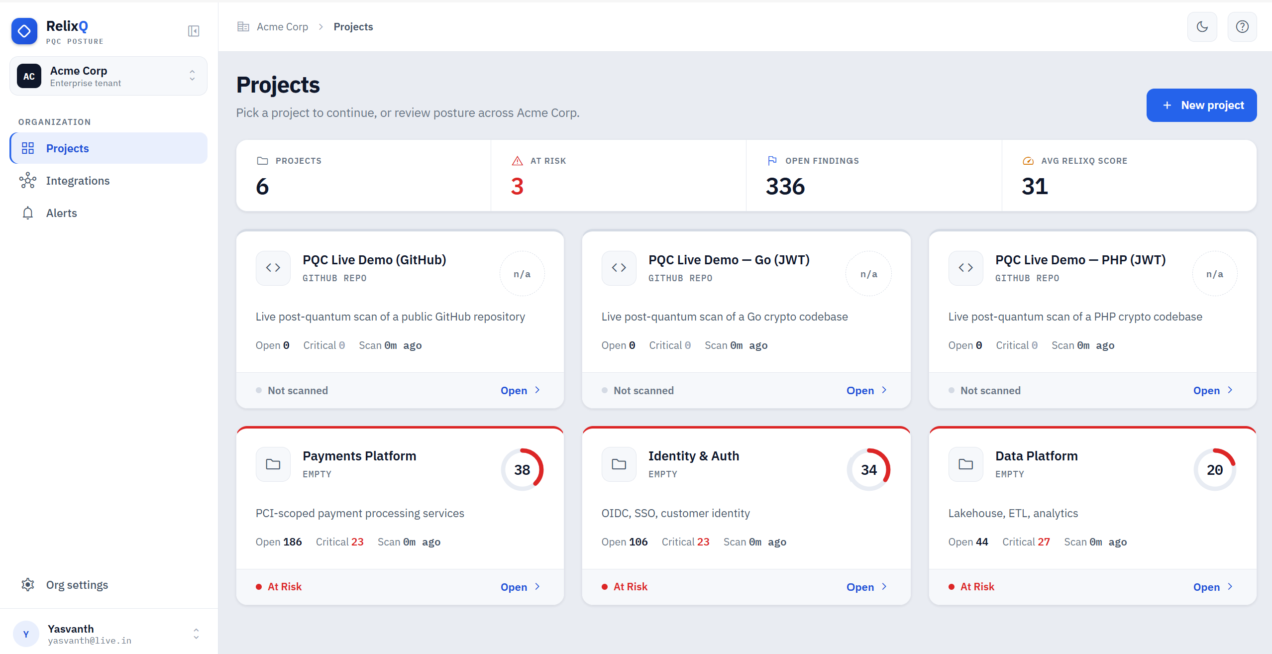 RelixQ Enterprise projects overview showing Acme Corp portfolio posture and at-risk projects.